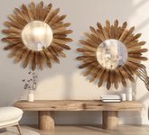 LOSOUR 2 Pack 22 inch Wall Mirror Decorative Rustic Round Wood Mirrors for Wall, Sunburst Boho Wall Art Decor Mirror for Cottagecore Decor Entryway Bedroom Living Room