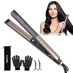 Pretfy Hair Straighteners, Hair Straighteners & Curlers in One with 140℃- 220℃ Adjustable Temperature, Flat Iron Straightener with Ceramic Thin Floating Plate LCD Display, 15s Heat Up, Dual Voltage