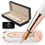 Wordsworth & Black Fountain Pen Set, 18K Gilded Medium Nib, Includes 24 Pack Ink Cartridges, Ink Refill Converter & Gift Box, Gold Finish, Calligraphy, [White Rose Gold], Perfect for Men & Women