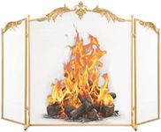 WICHEMI Fireplace Screen 3 Panel Folding Fireplace Screens 50.4 x 32.3 Inch Metal Furnace Fireguards Mesh Cover Baby Safe Proof Fence Spark Guard Cover Wrought Iron Fire Place Standing Gate (Golden)