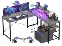 Cyclysio L Shaped Desk with Drawers, 52.8" L-Shaped Gaming Desk with LED Light & Power Outlets, Adjustable Corner Computer Desk with Storage Shelves, Corner Desk for Gaming, Home Office, Grey