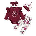 ChYoung Baby Girl Clothes Set Newborn Outfit Little Sister Romper Top and Rose Printed Pant and Headband 3 Pieces (White-Red, 0-3 Months)