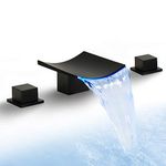 SKOWLL Waterfall Bathroom Faucet 3 Hole Deck Mount 2 Handle Vanity Sink Faucet with LED Color Changing, Matte Black