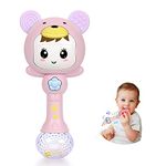 Highttoy Baby Rattle, Light Up Musical Rattle Teether Baby Toys 3 6 9 12 Months Tummy Time Toys Baby Sensory Sound Toys Dynamic Musical Teething Rattle Toys for Baby Girls Hand Grip Pink