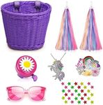 Suerico Kids Bike Basket for Girls,Handlebar Bicycle Basket with Unicorn Necklace,Bike Bell,Streamers,Bike Wheel Bead,Sunglasses,Stickers Bike Decoration Accessories Set