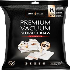 GENIE SPACE Storage Vacuum Bags - Variety Pack of 8 | 2 Extra Large, 2 Large, 2 Medium & 2 Small | Premium Airtight & Reusable Space Saving Bags For Clothes, Towels & Bedding | Includes Travel Pump