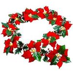 Twinkle Star Pre-Lit Christmas Poinsettia Garland with Red Berries and Holly Leaves, 6 FT Velvet Artificial Flower Xmas String Lights, Battery Operated Waterproof Cordless Indoor & Outdoor Decorations