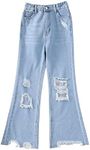 WDIRARA Girl's High Waisted Ripped Raw Hem Flare Bell Bottom Jeans Denim Pants Light Wash 10Y