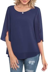 Neineiwu Womens Casual Scoop Neck Loose Top 3/4 Sleeve Chiffon Blouse Shirt Tops, Dark Blue, X-Large