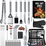 HUSSAR 34PCS BBQ Grill Tools Set Stainless Steel Grilling Accessories with Spatula, Tongs, Skewers for Barbecue, Camping, Kitchen, Complete Premium Grill Utensils Set in Storage Bag, Silver, (BTS-34)