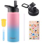 18oz Stainless Steel Sports Water Bottle for Kids - Vacuum Insulated with 2 Lids, Straw & Cleaning Brush - Wide Mouth & Handle for Travel and Outdoors - Pink Gradient