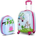 BABY JOY 2 PCS Kids Luggage Set, 13" & 16" Kids Carry On Suitcase Set, Children Travel Rolling Trolley Suitcase w/ 4 Casters, Retractable Handle, Lightweight Trolley Case for Boys Girls (Deer)