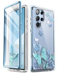 i-Blason Samsung Galaxy S22 Ultra 5G Case (2022) Case with Built in Screen Protector, Cosmo Series Glitter Pattern Slim Full Body Protection 360° Shockproof Blue Butterfly