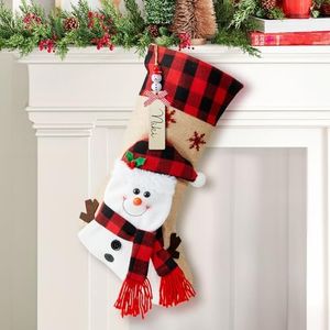 Minetom Christmas Stockings with Personalized Name Tag, 18" Christmas Stocking Snowman Burlap Plaid Xmas Stocking Holiday Christmas Decoration Gifts for Family Kids