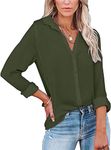 ASKSA Womens Blouse V Neck Long Sleeve Shirts Button Down Shirt Solid Color Tunics Top (Army Green,M)