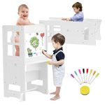 4 in 1 Kitchen KitchenToddler Tower Helper, Toddler Step Stool with Whiteboard and Safety Rail, Adjustable-Height Kids Learning Standing Tower Anti-Slip Protection for Kitchen Counter Bathroom