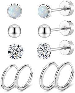 MJust Titanium Earrings for Sensitive Ears 20G Stud & Hoop Ball Opal Cubic Zirconia G23 Pure Cartilage Hypoallergenic Flat Back Earrings, Titanium, Zirconia, Silver