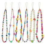 Taouzi 6PCS Beaded Phone Lanyard Wrist Strap Face Beaded Phone Charm Fruit Star Pearl Rainbow Color Beaded Phone Chain Strap for Women Girls, Large, Acrylic,Faux Pearl,Polymer Clay,Nylon,