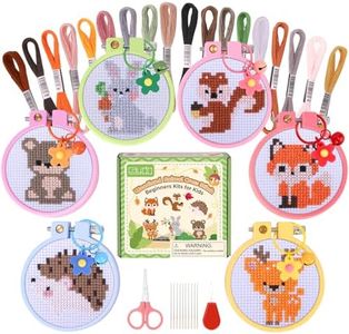 Caydo 6 Pieces Cross Stitch Kit for Kids Embroidery Kits with Woodland Animal Patterns Needlepoint Kit Kids with Instructions for DIY Key Chain, Backpack Charms, Ornaments and Needle Craft