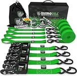 Rhino USA Ratchet Tie Down Straps (Set of 4) - 800 kg Max Break Strength, 2.5cm x 4.6m Tie Downs with Hooks (4pcs) - Strap for Ski Bike Furniture Moving & Securing Cargo - Green