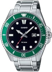 Casio MDV107D-3A Analog Silver Strap Unisex Adult Watch, Black/Green Dial, 49.5 × 44.2 × 12.1 mm