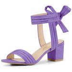 Allegra K Women's Open Toe Ankle Tie Back Block Heel Sandals, Purple, 5.5