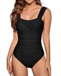 VECENEY One Piece Bathing Suit for Women Tummy Control Swimsuits Square Neck Ruched Modest Swimwear Black M