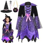 FYANRD Dresses For Girls Girls Light Up Witch Costume Set Halloween Cosplay Party Fancy Dress Up (Purple, 4-6 Years)