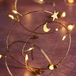 Lights4fun 20 Moon & Stars Battery String Lights Micro LED Golden Thin Wire Ramadan Decoration 2m Timer