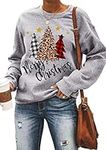 Fuyxxmer Womens Leopard Printed Plaid Trees Christmas Sweatshirt Long Sleeve Lightweight Pullover Tops Blouse