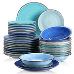 vancasso Bonita Blue Dinner Set- 36 Pieces Stoneware Dinnerware Set for 12, Handpainted Spirals Pattern Ceramic Combination Set with 10.5in Dinner Plate, 7.5in Dessert Plate and 800ml Soup Bowl