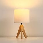 DEWENWILS Bedside Table Lamp, Wood Tripod Nightstand Lamp with Linen Fabric Shade, Small Bedroom Lamp for Nightstand, Nursery, Kids Room, College Dorm, Coffee Table, Bookcase-14.2 inches