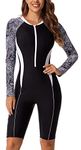 Long Sleeve Zip Front Rash Guard for Women Knee Lenth Boyshorts Swimsuit Surfing Suit Printed One Piece Swimwear