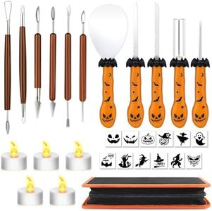 XINYA BAO 28 PCS Pumpkin Carving Kit Tools Halloween Professional Heavy Duty Stainless Steel Carve Knife Set with LED Candle Lights, Stencils, Storage Bag, Gifts & Adults DIY Lantern Decorating.