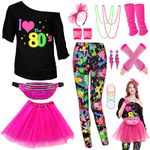 WILDPARTY 80s Fancy Dress For Women, I Love 80s T-Shirt, Tutu Skirt, Leggings, Leg Warmers, Necklace, Fishnet Gloves, 1980s Costumes Neon Accessories for Retro Theme Party Cosplay