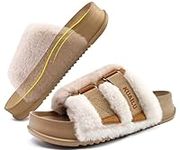 KuaiLu Womens Platform Slipper with Arch Support Soft Cushion Faux Fur Sandals Open Toe House Slipper fluff Slides Indoor Outdoor,Beige Size 6