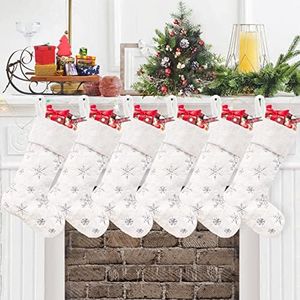 Caraknots White Christmas Stocking Set of 6 Large Faux Fur Silver Snowflake Stocking Christmas Decoration Xmas Holiday Fireplace Hanging for Family Kids