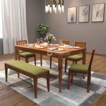 DRIFTINGWOOD Maharaja Sheesham Wood Dining Table 6 Seater | Wooden Six Seater Dinning Table with Green Cushion Chairs & Bench | Dinner Table 6 Seater | Dining Room Sets | Self Assembly, Natural