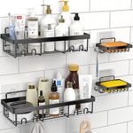 Oslen Metal Self Adhesive Wall Mount Bathroom Rack Shelf Hanging Shelves with Hooks Storage Racks Accessories Set for Home Rustproof 2 Bathroom Shelf 2 Soap Dishes (Magic Stickers - No Drilling)