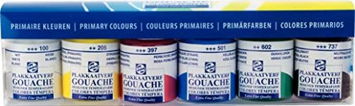 Talens - Extra Fine Gouache Paint - 6 Assorted Primary Colours - 1 tube.