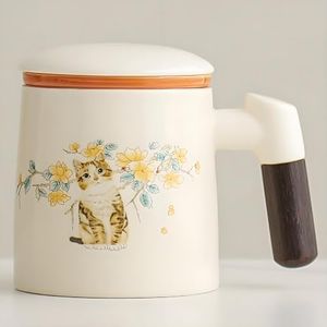 12oz Porcelain Tea Mug with Infuser and Lid, All‑Porcelain Tea Strainer, Hand‑Painted Cute Cat Floral Ceramic Cup, Microwave Safe, Lead-Free Glaze, Perfect for Loose Leaf Tea & Herbal Teas Steeping