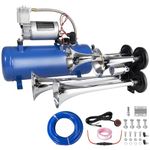 180db Train horn kit with 150 PSI Air Tank,Four Trumpet Air horns For Truck, Jeep,Pickup,SUV with 1.6 gallon Air Compressor Can(Silver truck horn kit)