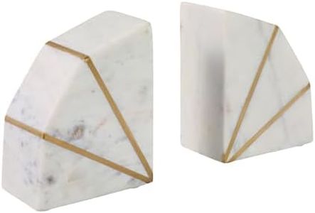 Set of 2 Decorative Bookends for Home Decor – Modern White Marble Accents with Gold Inlays, Elegant Stone and Metal Design for Bookshelf, Office, or Living Room Display – 6", White