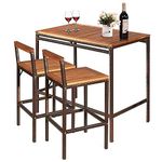 Tangkula 3 PCS Patio Bar Table Set, Outdoor Rattan Bar Set Bistro Set with Acacia Wood Top, Wood Table Set with 2 Bar Chairs for Dining Room, Backyard, Patio and Balcony