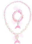 El Regalo Mermaid Princess Necklace & Bracelet Set with Colorful Mermaid Shiny Beads Bow Stretchy Costume Jewelry for Girls (Shiny Pink)