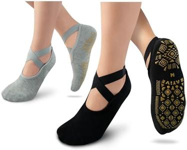 RATIVE X-Cross Anti Slip Non Skid Barre Yoga Pilates Hospital Socks with grips for Adults Men Women (Medium, 2-pairs/Black+Grey)