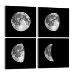 Black and White Moon Wall Decor - 4 Panels Canvas Wall art Moon Phases Picture for Bedroom Living Room Decor Nature Moonlight Poster Prints Artwork Decor Framed Ready to Hang (16X16 IN (40X40CM))