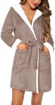 Hotouch Plush Robe for Women Short Soft Hooded Fluffy Robe Long Sleeve Knee Length Sherpa Robes Khaki S