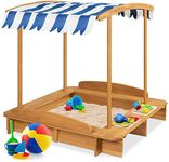 Best Choice Products Kids Wooden Cabana Sandbox Play Station for Children, Outdoor, Backyard w/ 2 Bench Seats, UV-Resistant Canopy Shade, Fabric Sandpit Cover, 2 Side Buckets - Natural