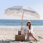 AMMSUN Beach Umbrella with Fringe - Upgraded Version for Beach, 6.5ft Boho Umbrella with Tassels, Premium Wood Pole & Carry Bag, UPF 50+ Fringe Umbrella for Outdoor Holiday, Navy Blue Wave